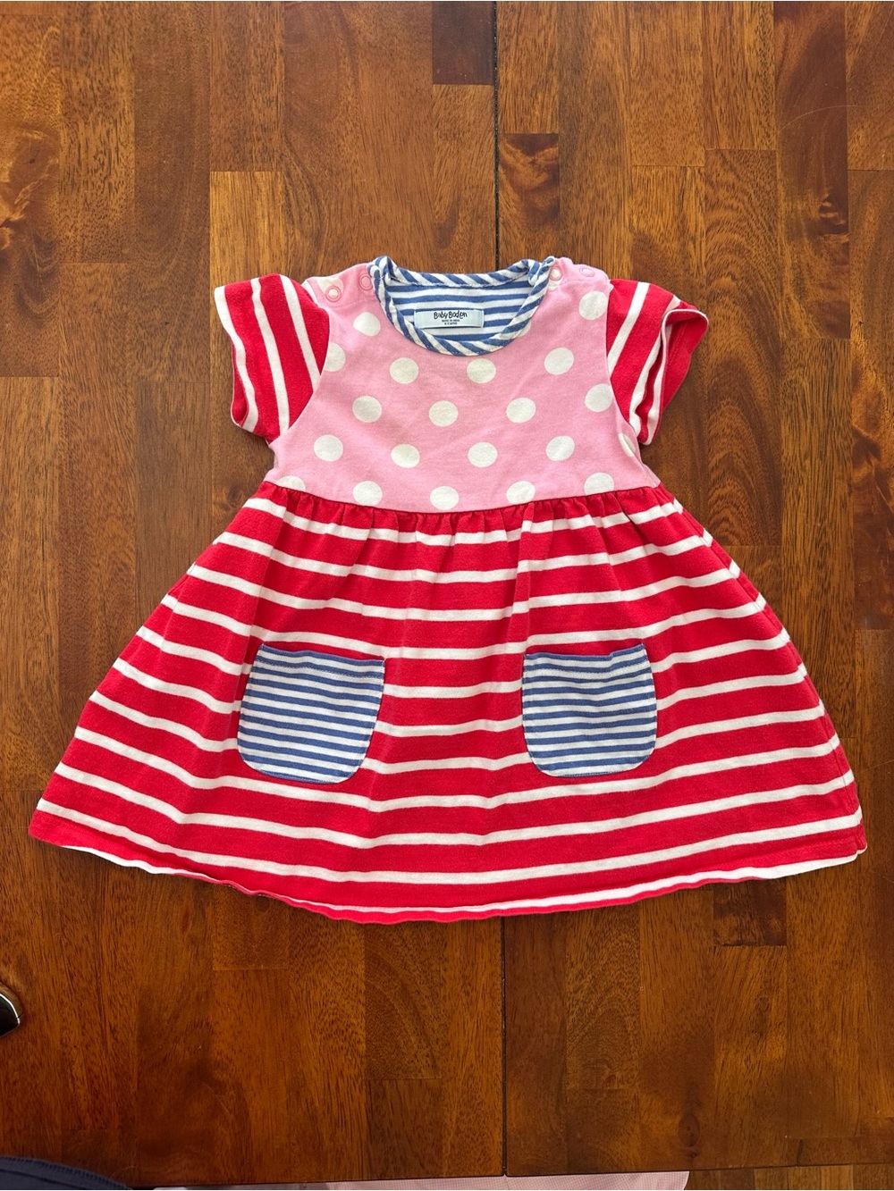 Baby Boden Pink, Red & Blue Striped Dot Pocket Dress